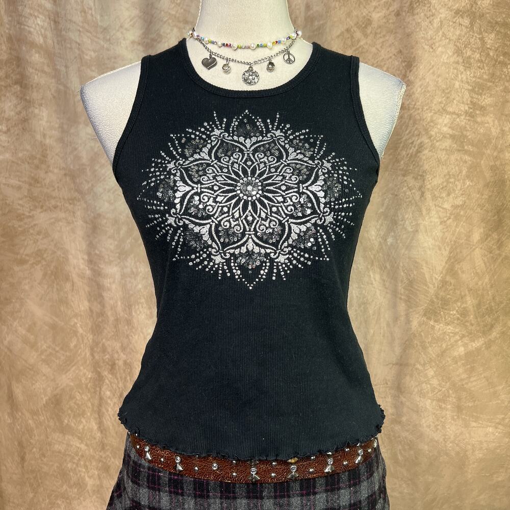 Y2K Indie Grunge Tank Top Sequin Glitter Mandala Black Ribbed Sleeveless Boho